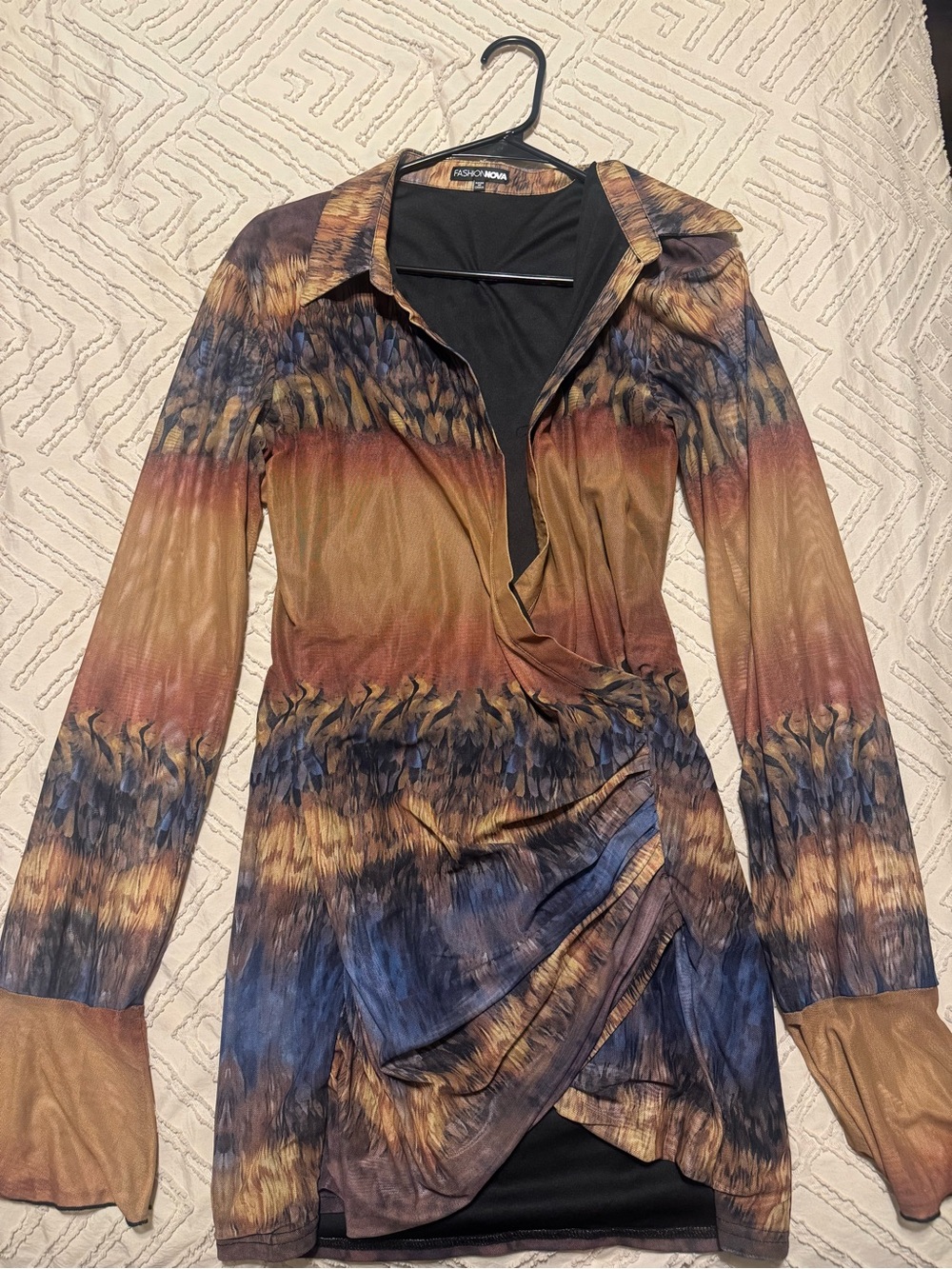 Fashion Nova Brown Blue Ombre Long Sleeve Wrap Dress